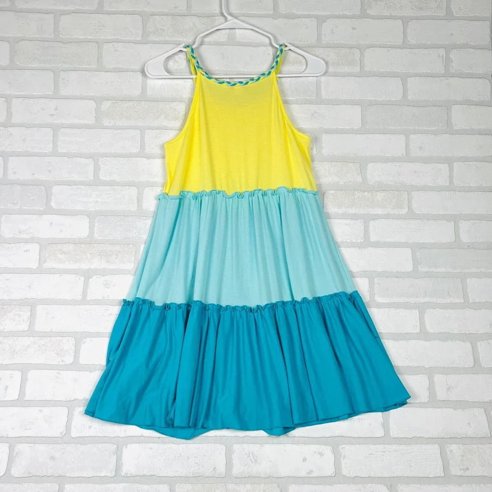 Zunie Girl Kids XL 14/16 Yellow Blue Tiered Colorblock Braided Strap Dress